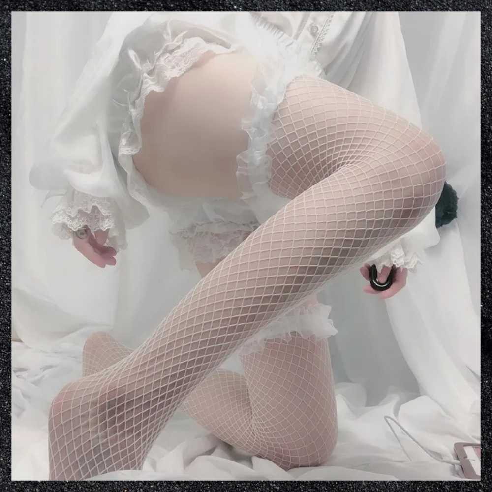 White Ruffle Top Fishnet Thigh Highs